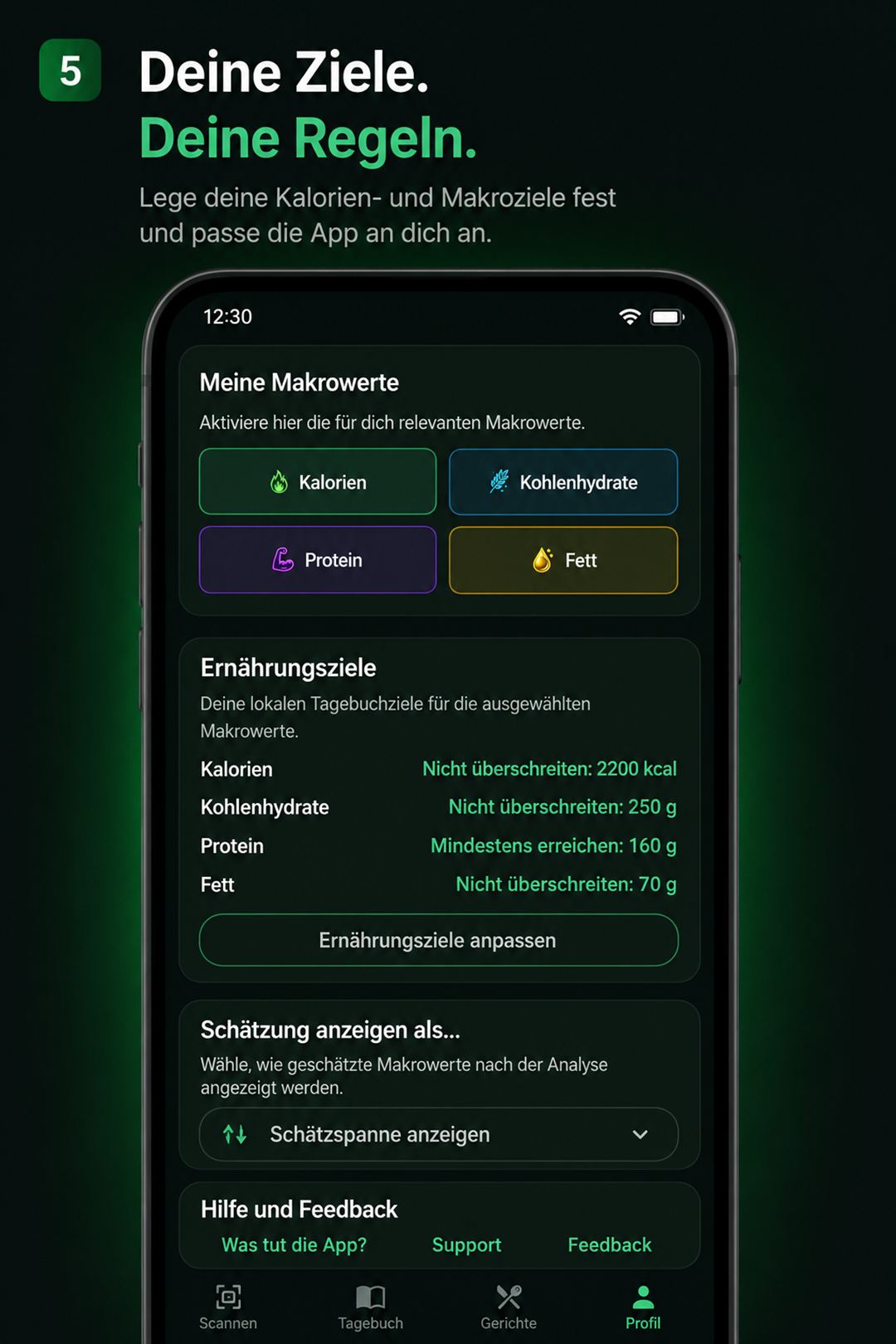 CarbVista Profil mit Makrowerten, Ernährungszielen und Anzeigeoptionen.