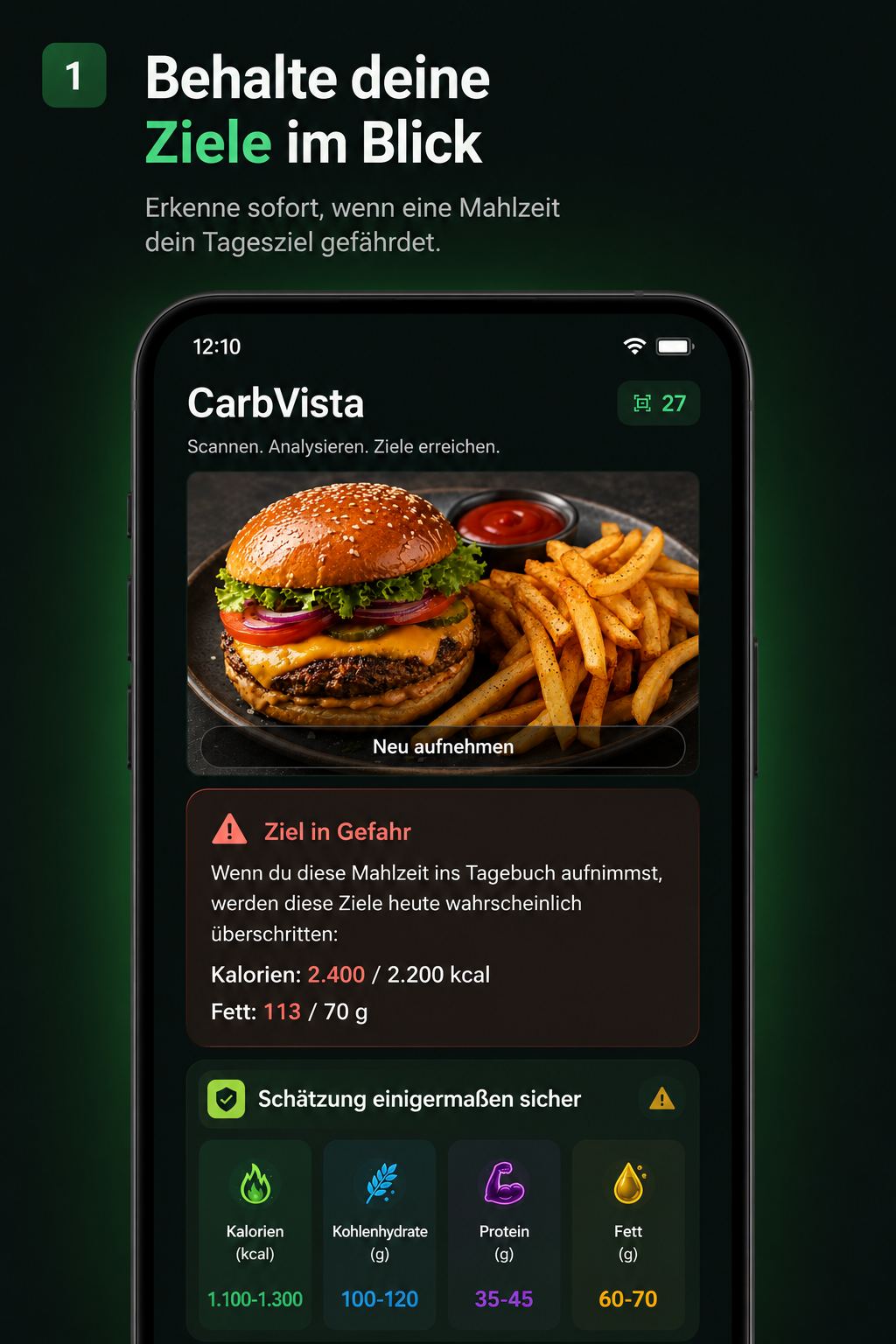 CarbVista warnt, wenn eine Mahlzeit ein Tagesziel gefährden kann.