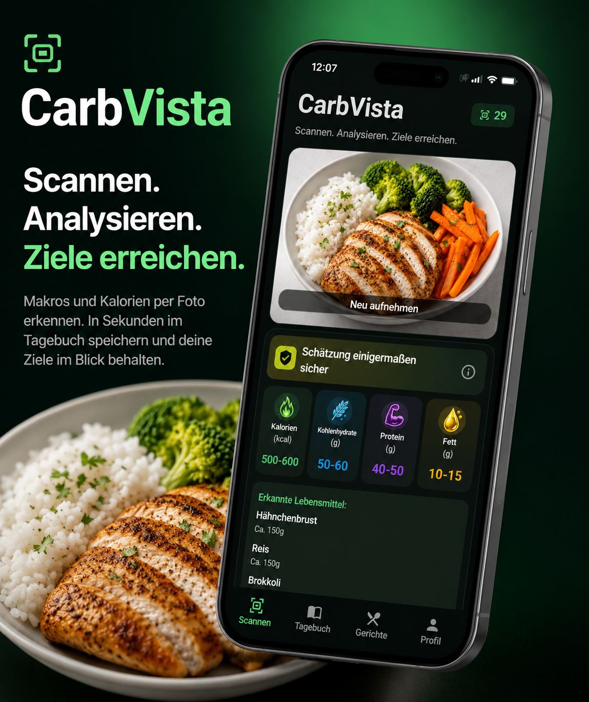 CarbVista analysiert eine Mahlzeit per Foto und zeigt Makrowerte in der App.