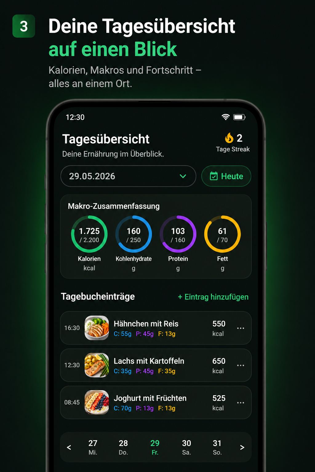 Tagesübersicht mit Makro-Zusammenfassung und Tagebucheinträgen.